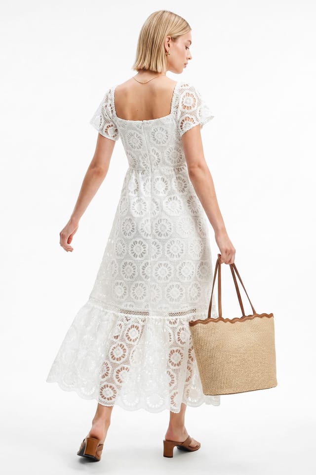 Lovedrobe Lovedrobe Women's Floral Lace Square Neck Short Sleeve Midaxi Dress in White - 2