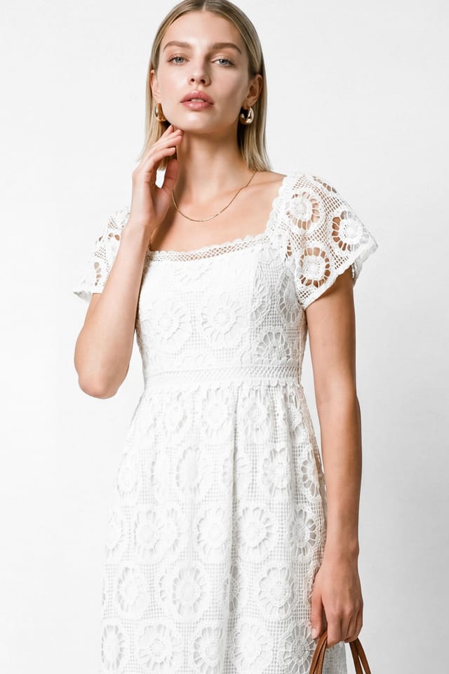 Lovedrobe Lovedrobe Women's Floral Lace Square Neck Short Sleeve Midaxi Dress in White - 3
