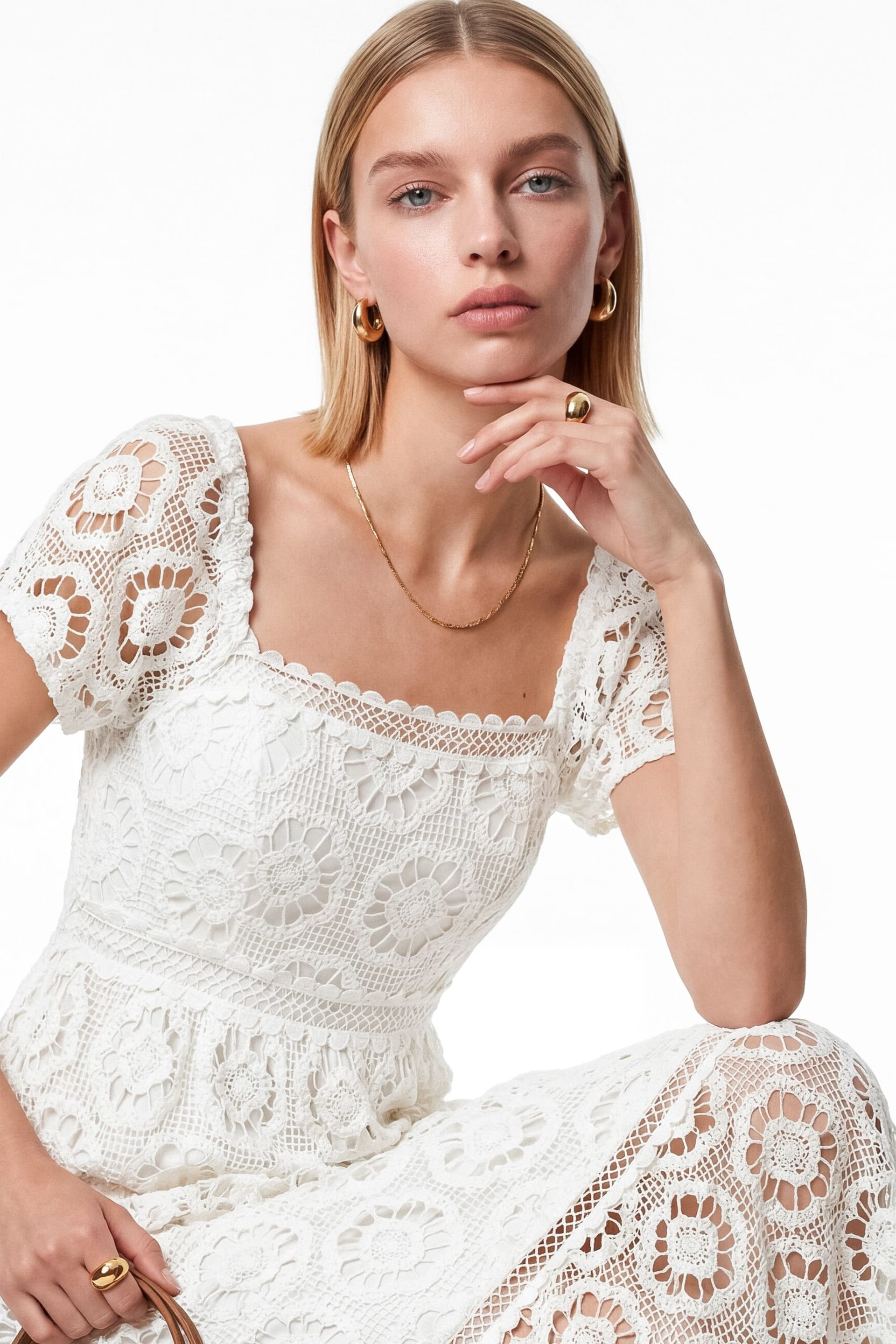 Lovedrobe Lovedrobe Women's Floral Lace Square Neck Short Sleeve Midaxi Dress in White - 4