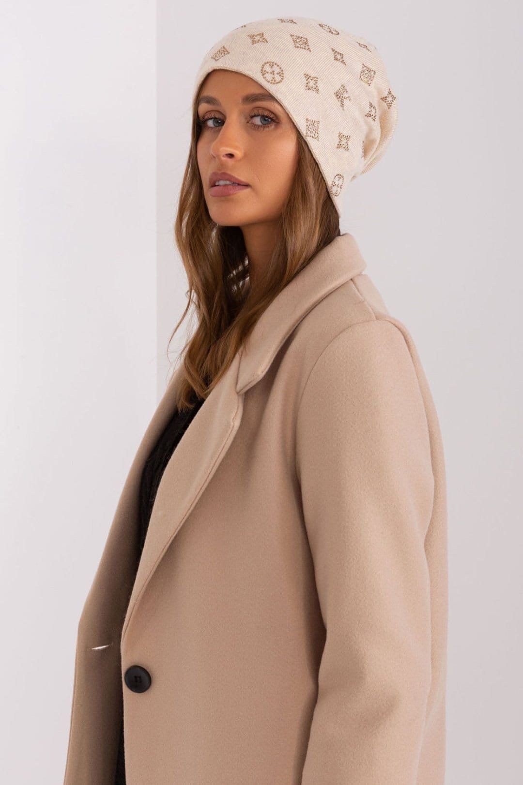 Love Lace Love Lace Women's Warm Winter Cashmere Beanie Hat with Decorative Rhinestones Detail in Beige - 4