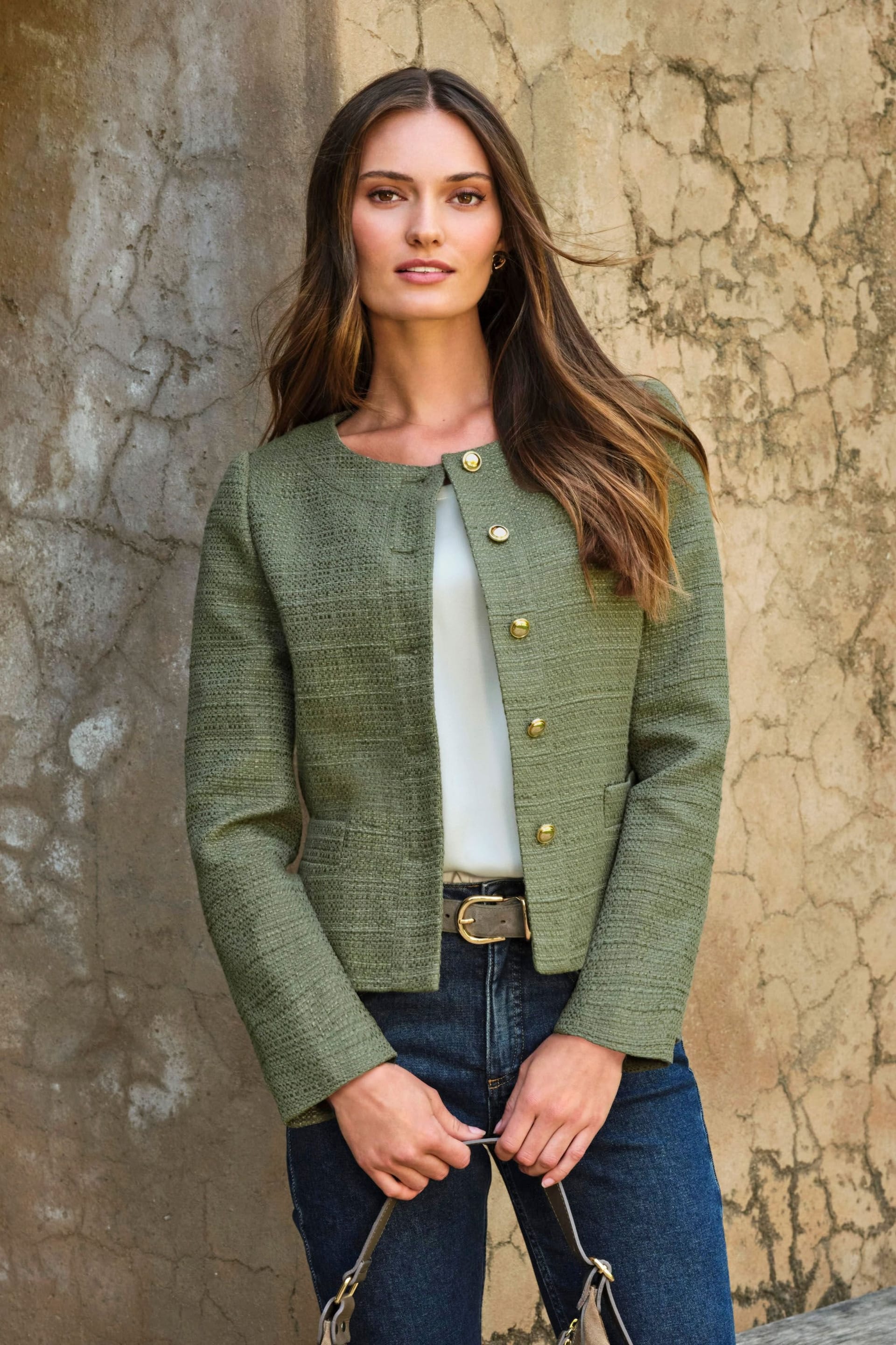 Pure Collection Women's Boucle Collarless Jacket in Khaki