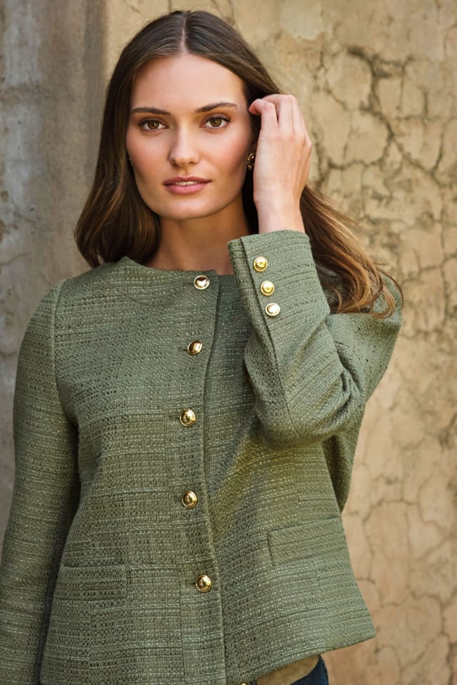Pure Collection Pure Collection Women's Boucle Collarless Jacket in Khaki - 3