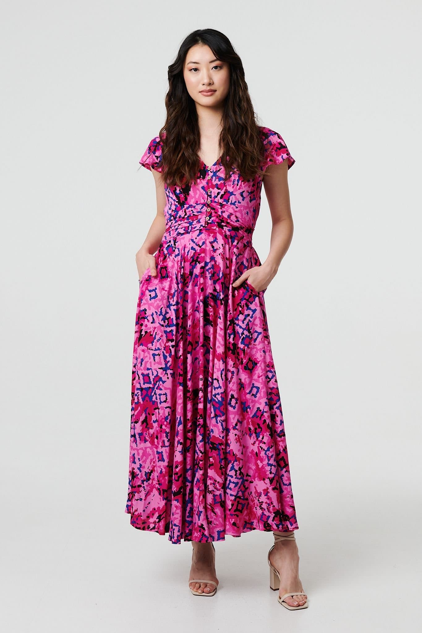 Izabel London Izabel London Women's Abstract Ruched Waist Cap Sleeve Maxi Dress in Pink