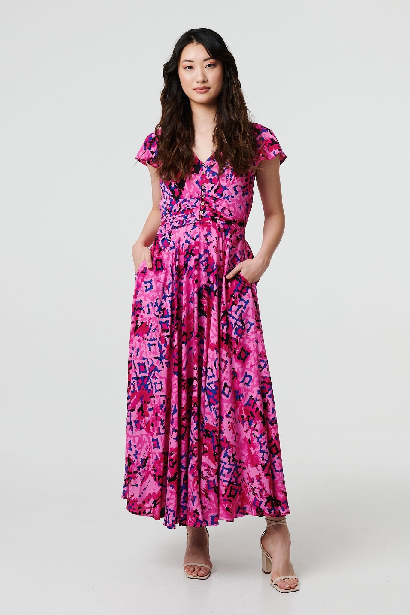 Izabel London Pink Abstract Ruched Waist Cap Sleeve Maxi Dress