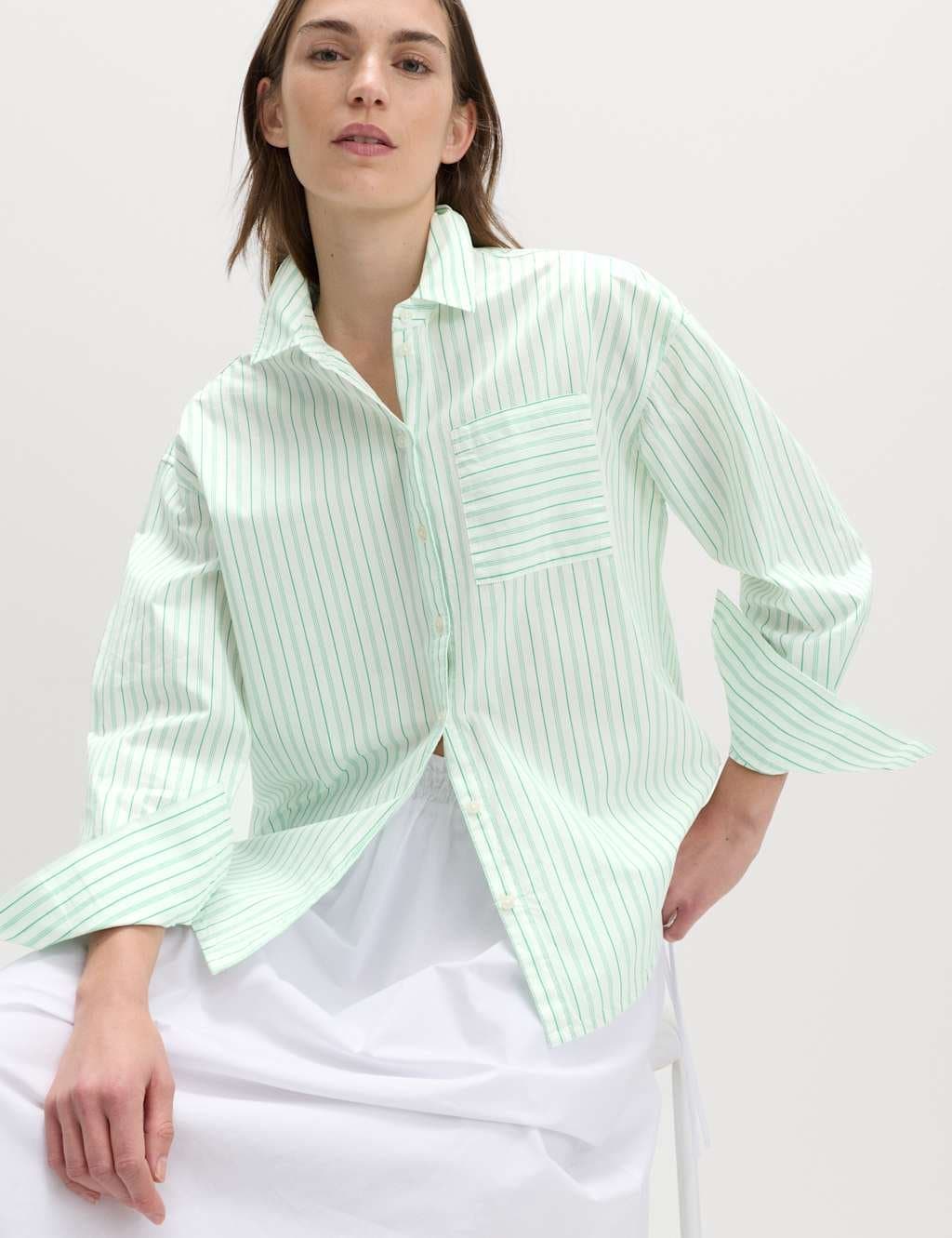 Marks & Spencer M&S Pure Cotton Striped Shirt Green Mix
