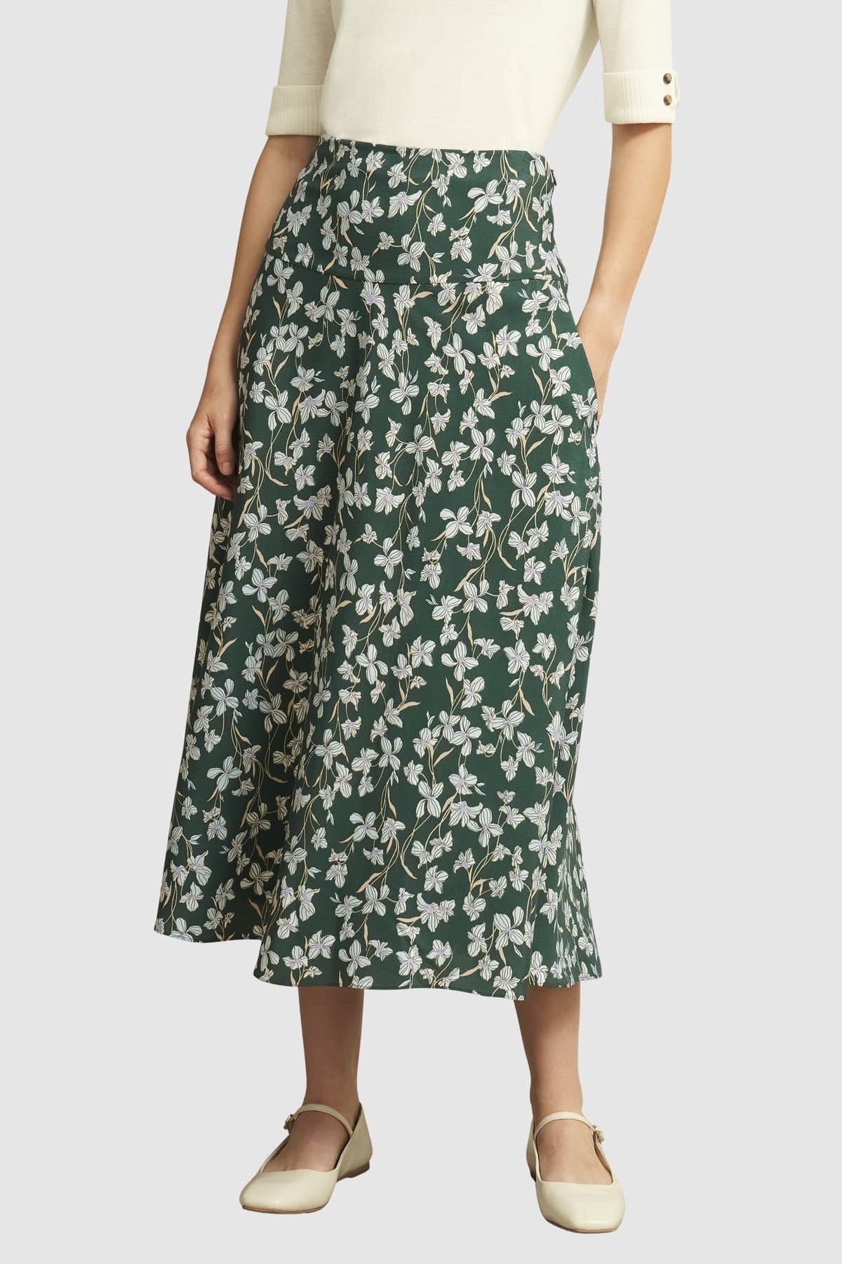 Hobbs London Hobbs London Floral Midi Skirt In Bottle Green