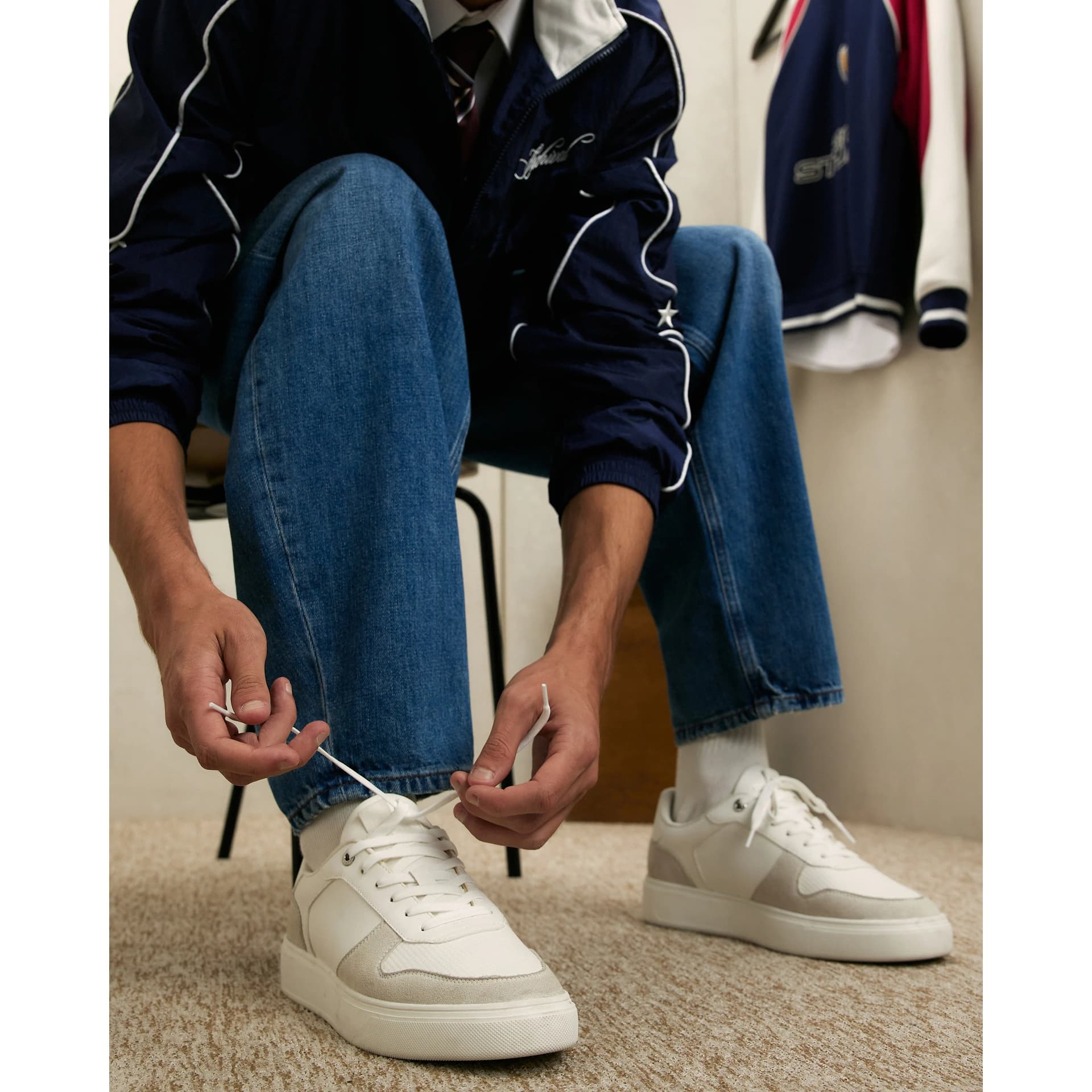 River Island Mens River Island White Cupsole Panelled Lace Up Trainers