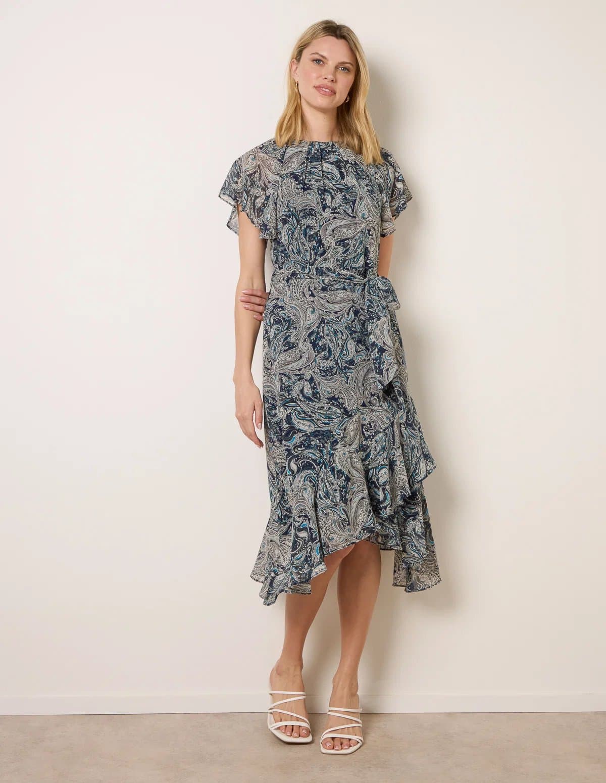 Blue Vanilla Paisley Print Angel Sleeve Asymmetric Midi Dress