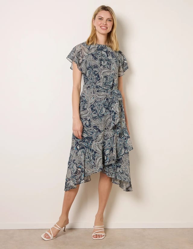 Blue Vanilla Paisley Print Angel Sleeve Asymmetric Midi Dress - 3