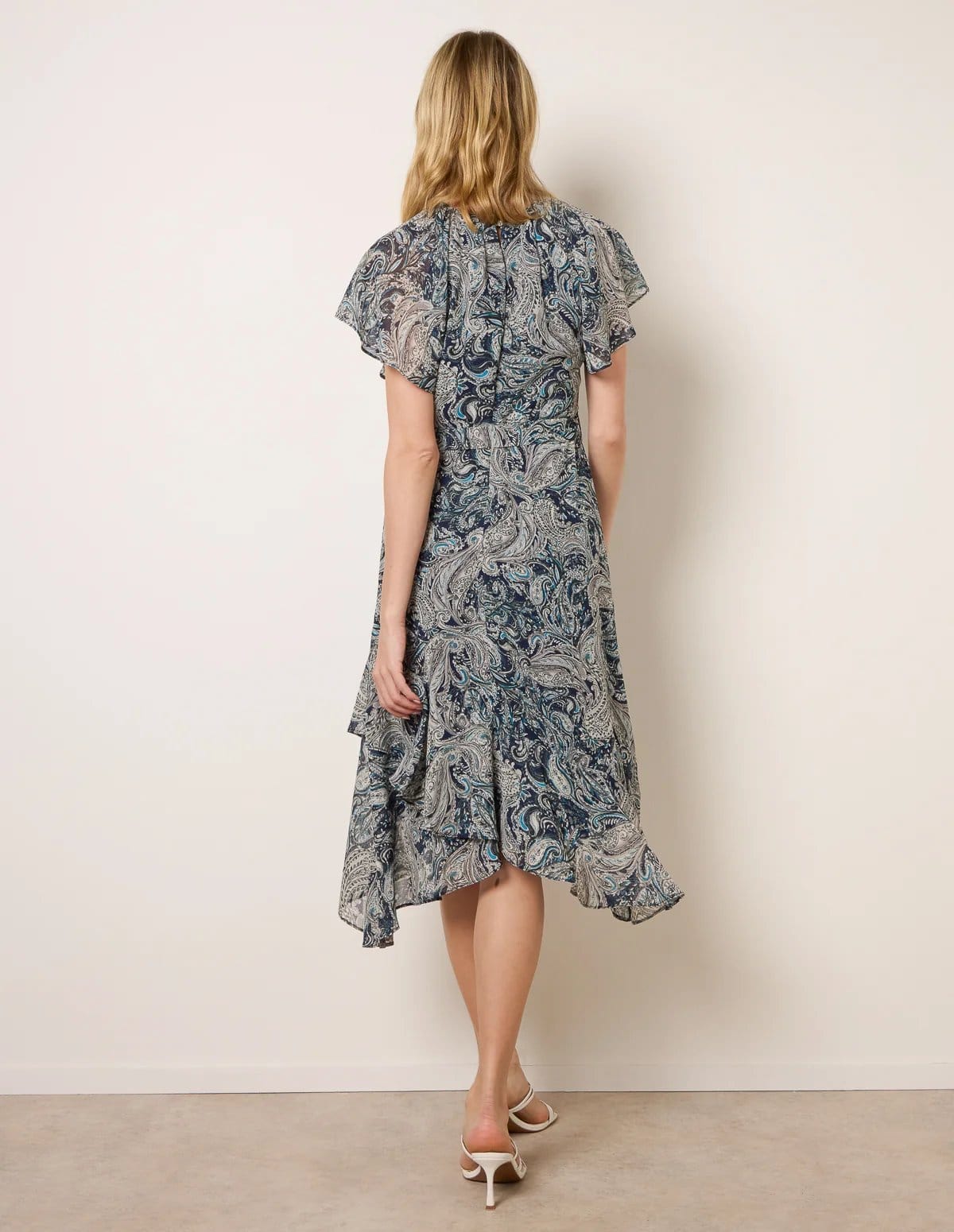 Blue Vanilla Paisley Print Angel Sleeve Asymmetric Midi Dress - 4