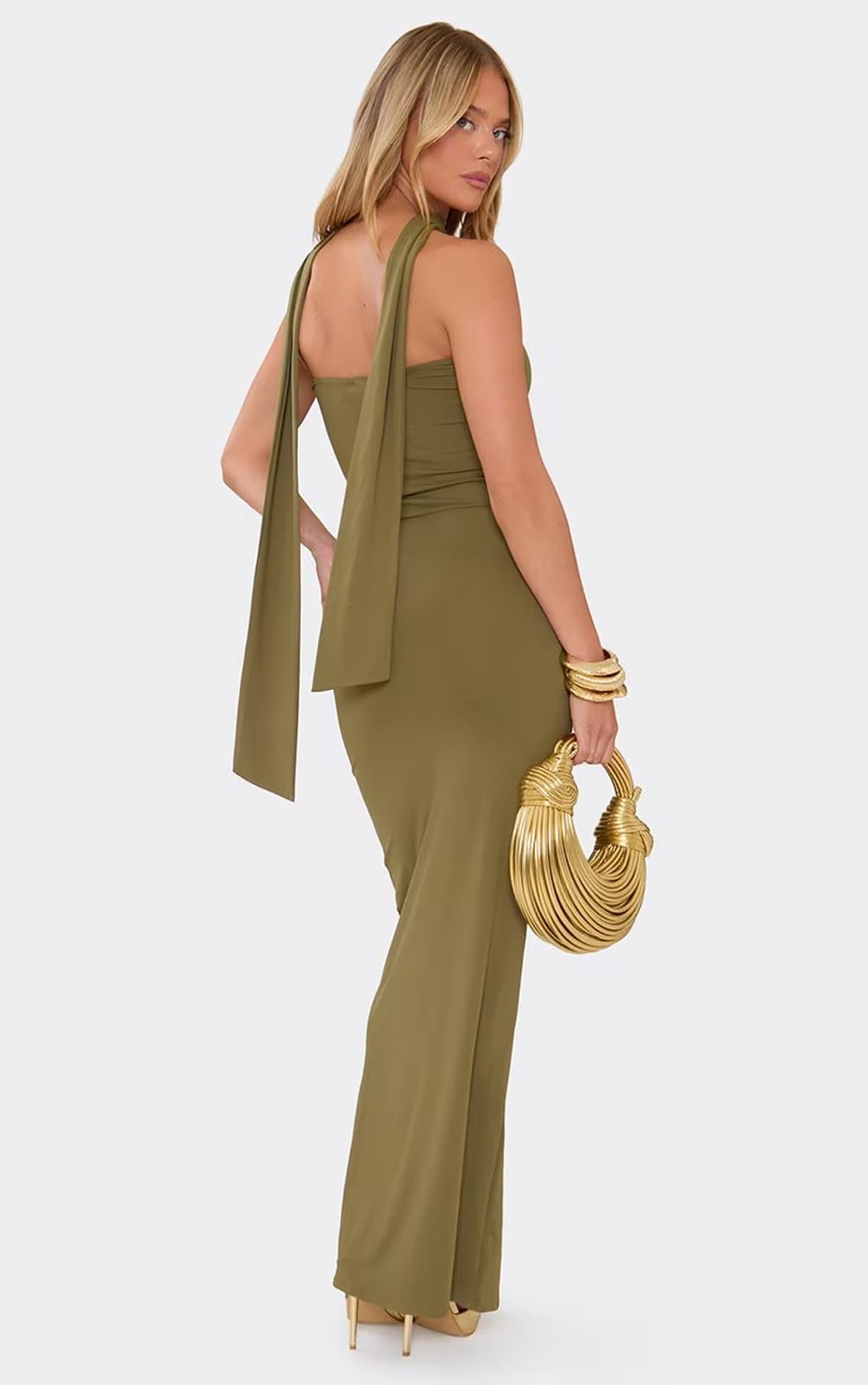 EGO Bandeau Scarf Detail Wrap Front Maxi Dress In Khaki, Women's Size UK 8