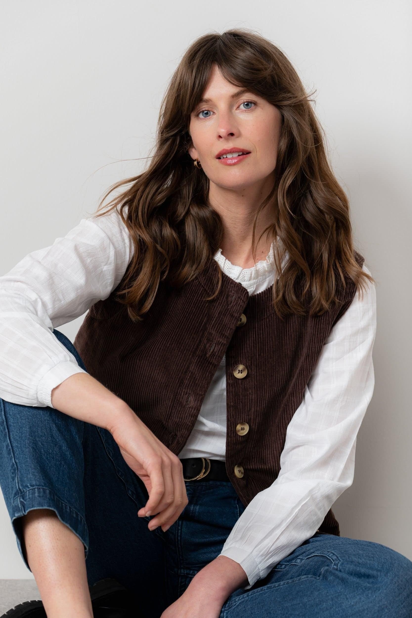 Lily & Me Lily & Me Women's Dusk Stretch Cotton Lined Jumbo Cord Gilet with Mock horn buttons in Chocolate