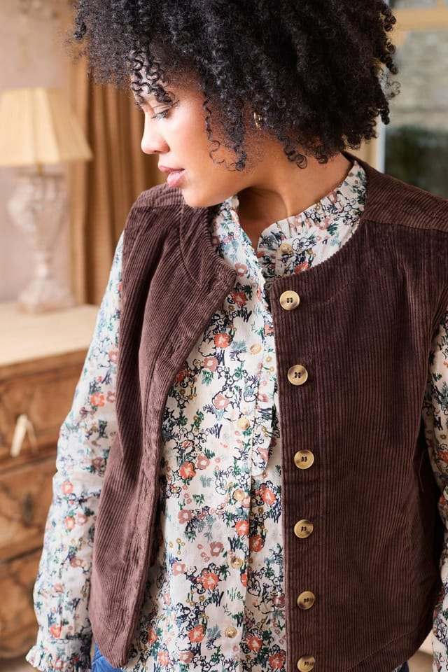Lily & Me Lily & Me Women's Dusk Stretch Cotton Lined Jumbo Cord Gilet with Mock horn buttons in Chocolate - 2
