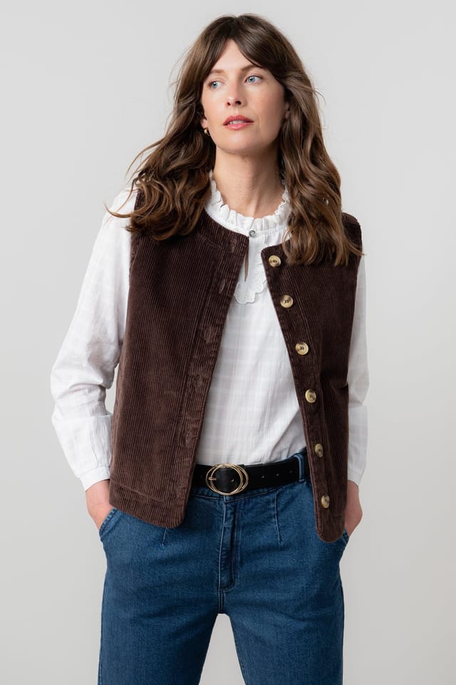 Lily & Me Lily & Me Women's Dusk Stretch Cotton Lined Jumbo Cord Gilet with Mock horn buttons in Chocolate - 3