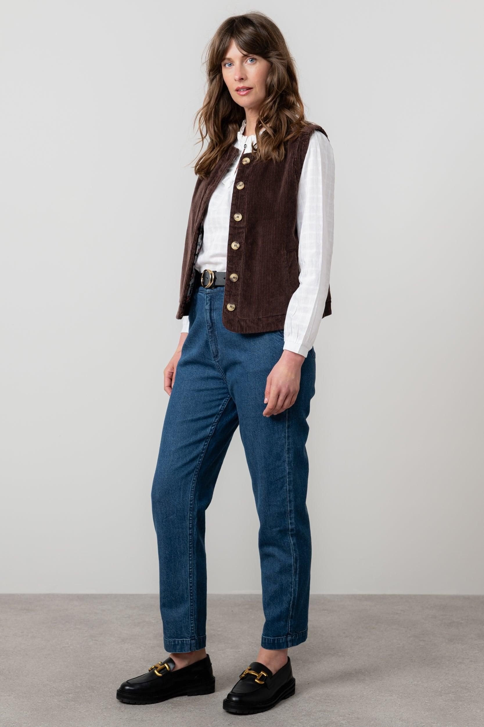 Lily & Me Lily & Me Women's Dusk Stretch Cotton Lined Jumbo Cord Gilet with Mock horn buttons in Chocolate - 4