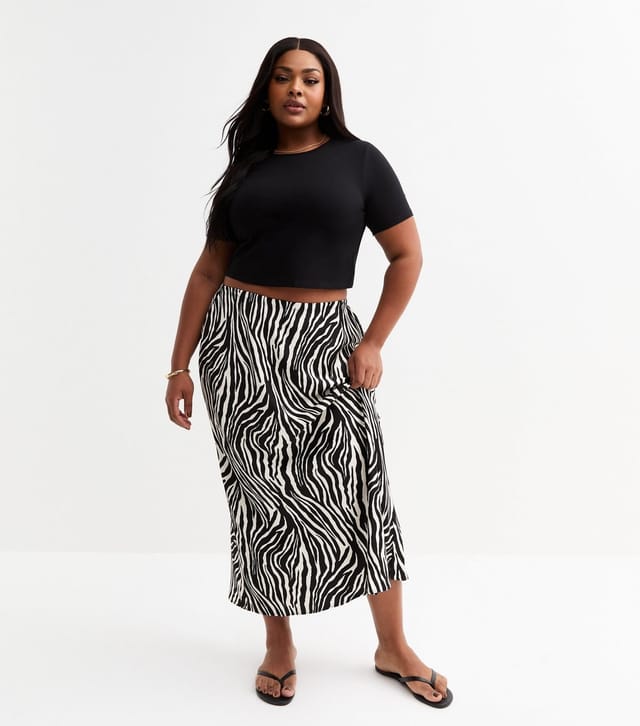 New Look Women's Plus Size Black Zebra Print Satin Midi Skirt Curves New Look - 3