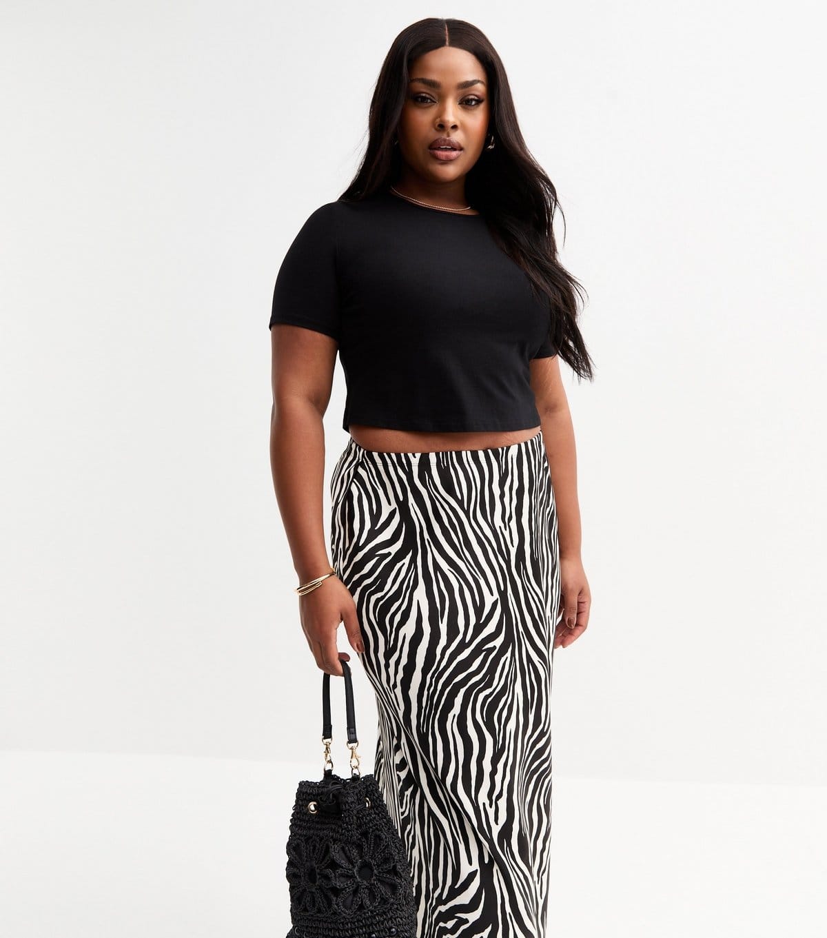 New Look Women's Plus Size Black Zebra Print Satin Midi Skirt Curves New Look - 4
