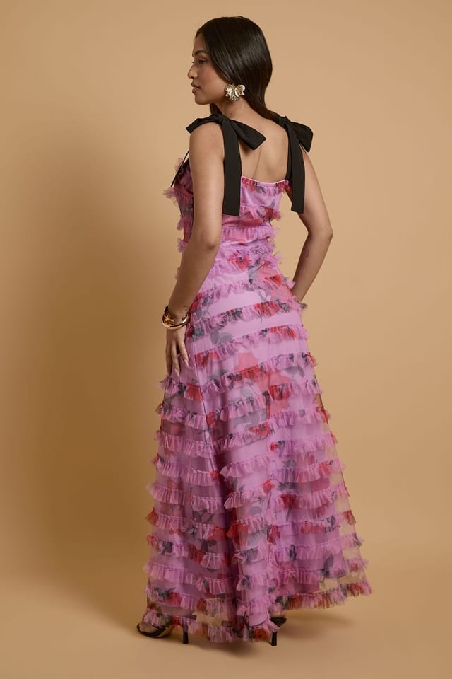 Oasis Oasis Women's Petite Printed Tiered Mesh Tie Shoulder Maxi Dress - 3