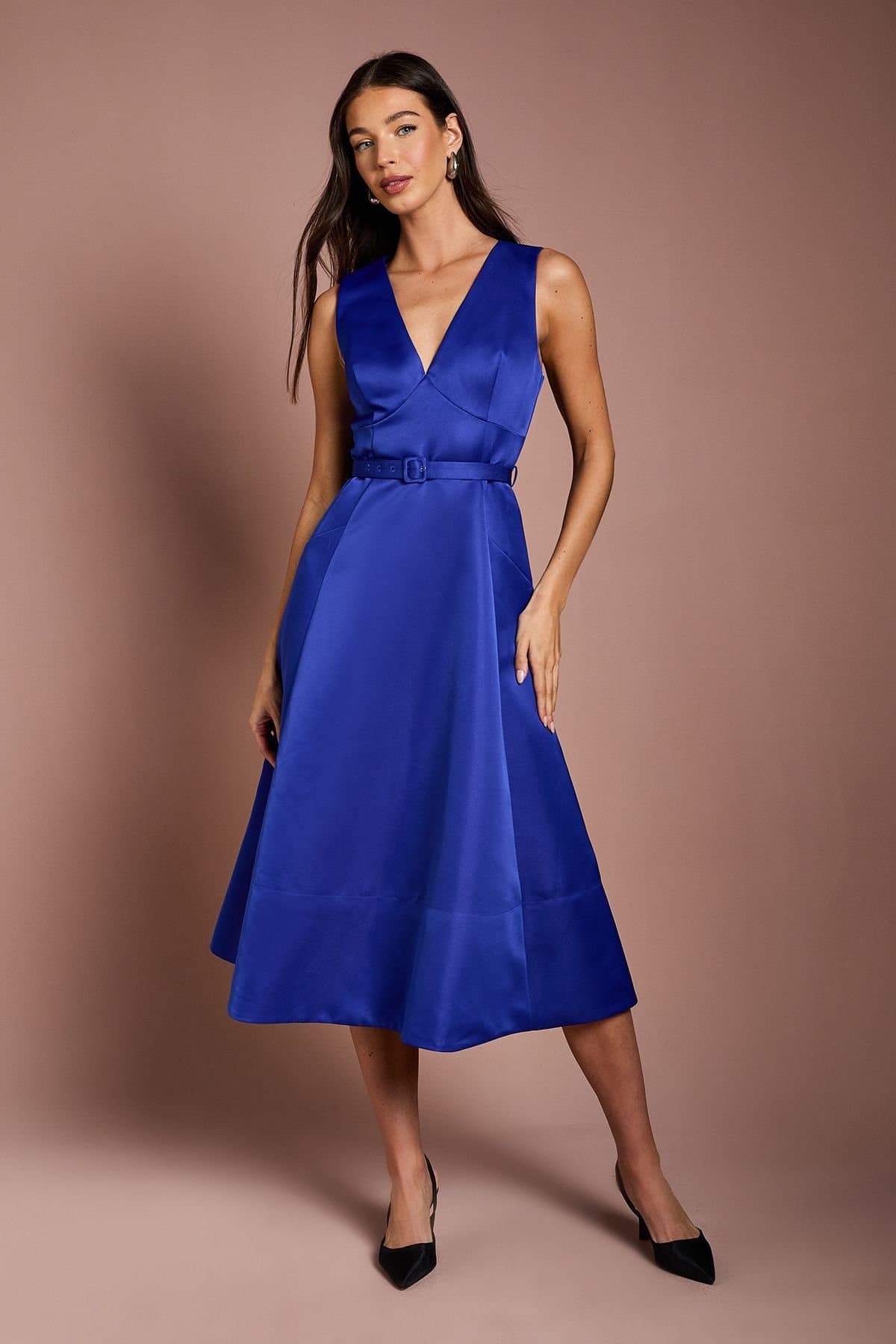 Coast Coast Women's V Neck Structured Satin Belted Midi Dress in Cobalt