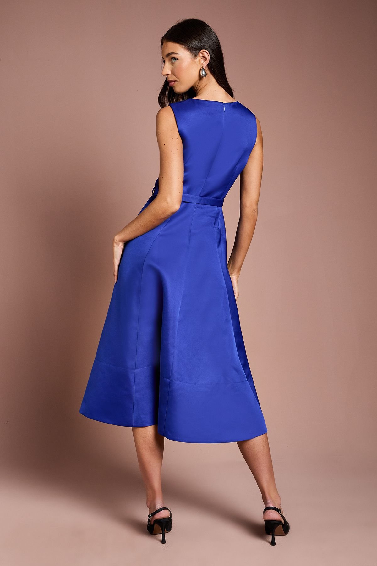 Coast Coast Women's V Neck Structured Satin Belted Midi Dress in Cobalt - 3