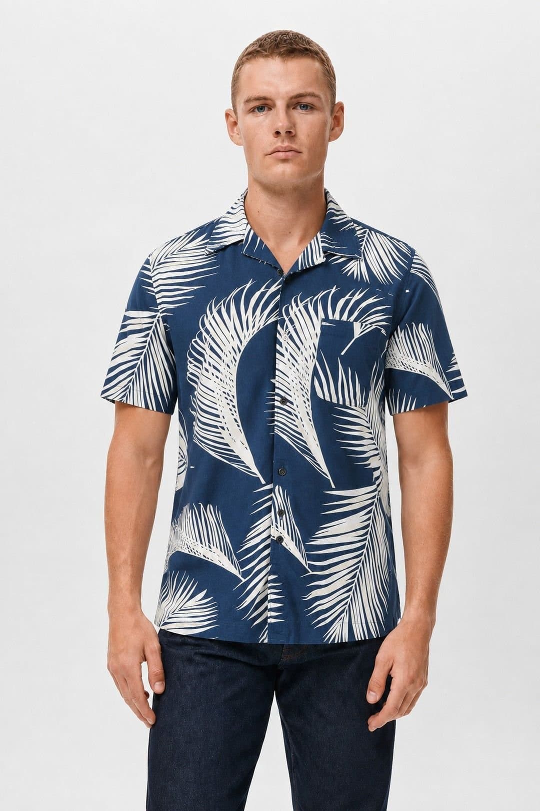 Little Nooks Little Nooks Men's Caldera Navy Palm Print Short Sleeve Shirt