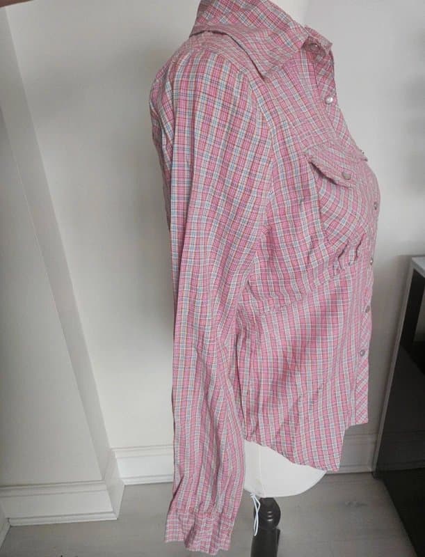 Influence Womens pink checked fitted pearl button up shirt blouse top western y2k style asos influence small