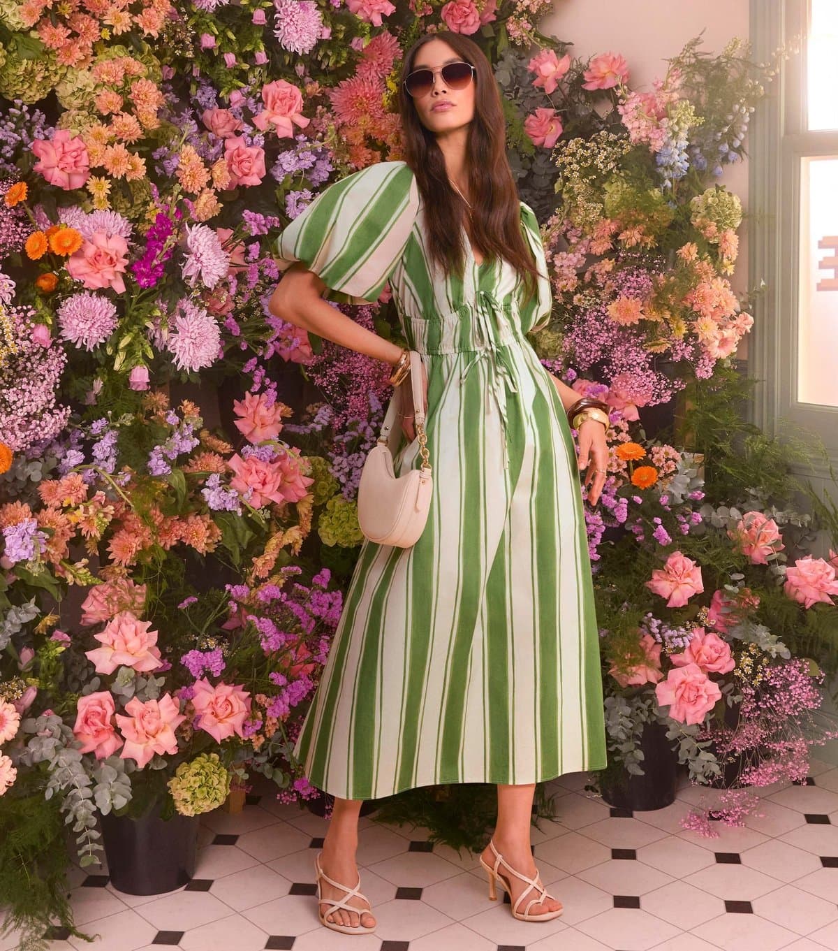 New Look Women's Green Striped Puff Sleeve Midi Dress New Look