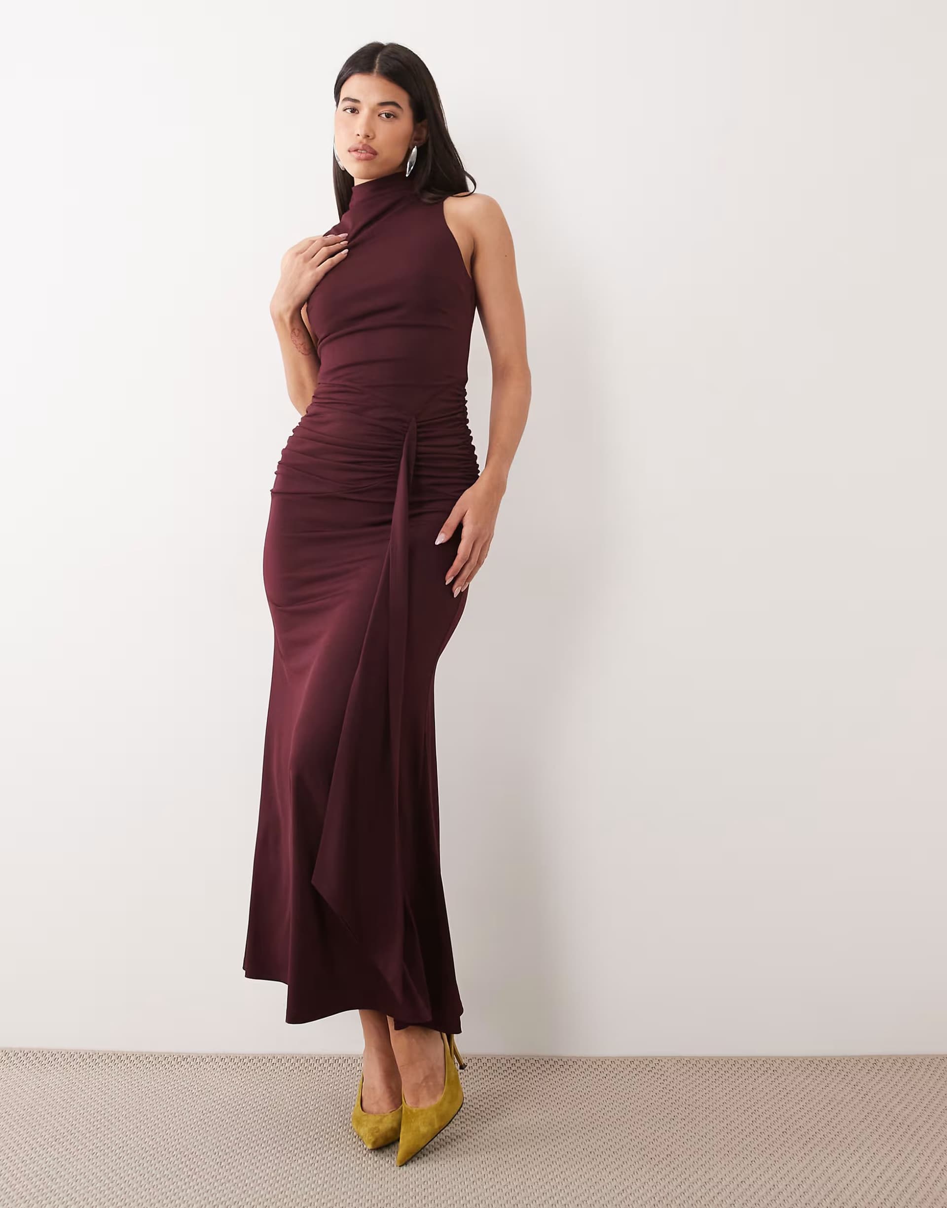 ASOS Pretty Lavish slinky high neck tie front ruched maxi dress in deep burgundy