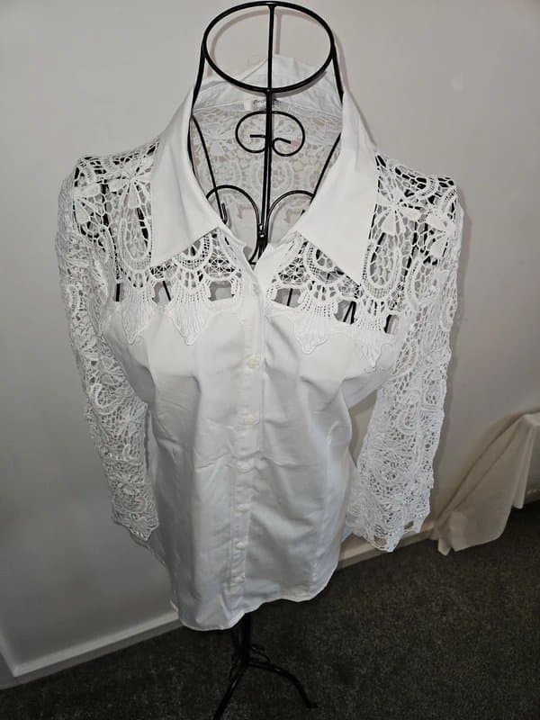 Diego Reiga Diego Reiga White Lace Shirt Blouse Crochet Detail Button Up UK 10–12