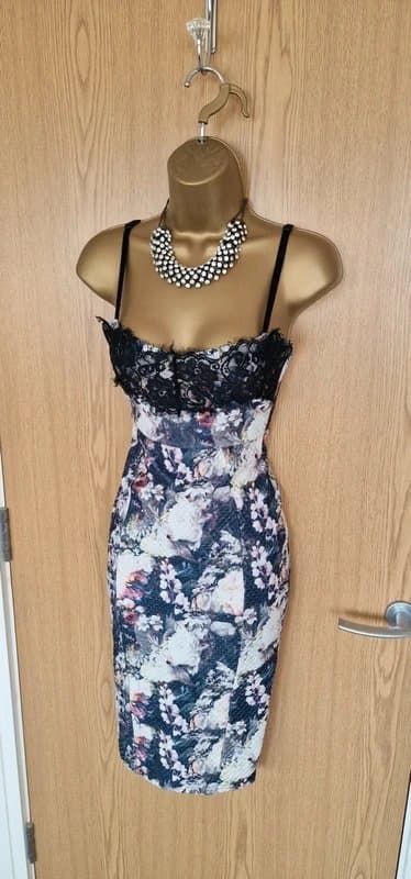 Lipsy Lipsy midi bodycon pencil dress cami strappy lace detail floral embossed pattern evening party