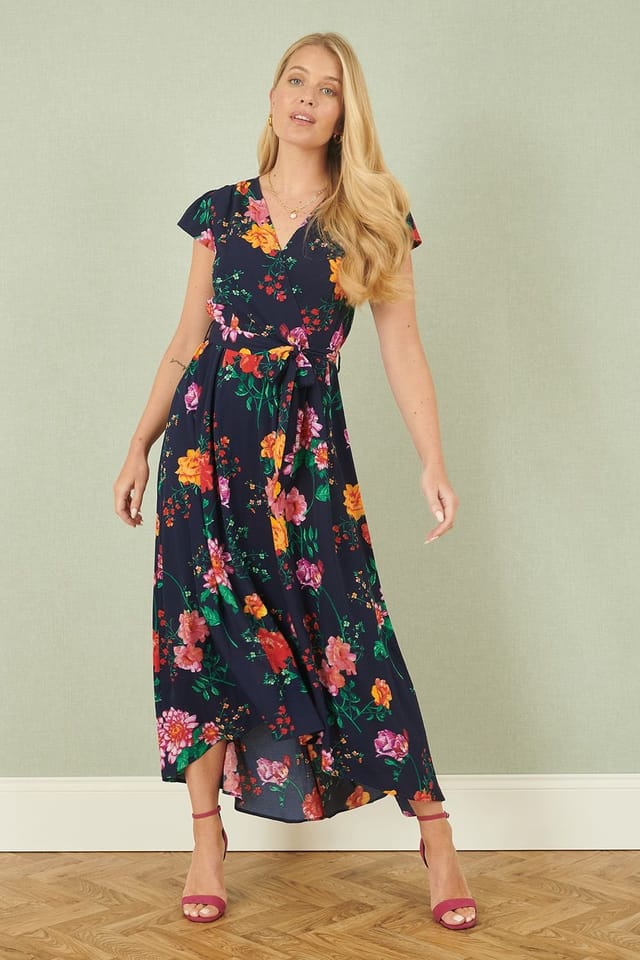 Yumi Yumi Women's Navy Flower Print Wrap Midi Dress - 3