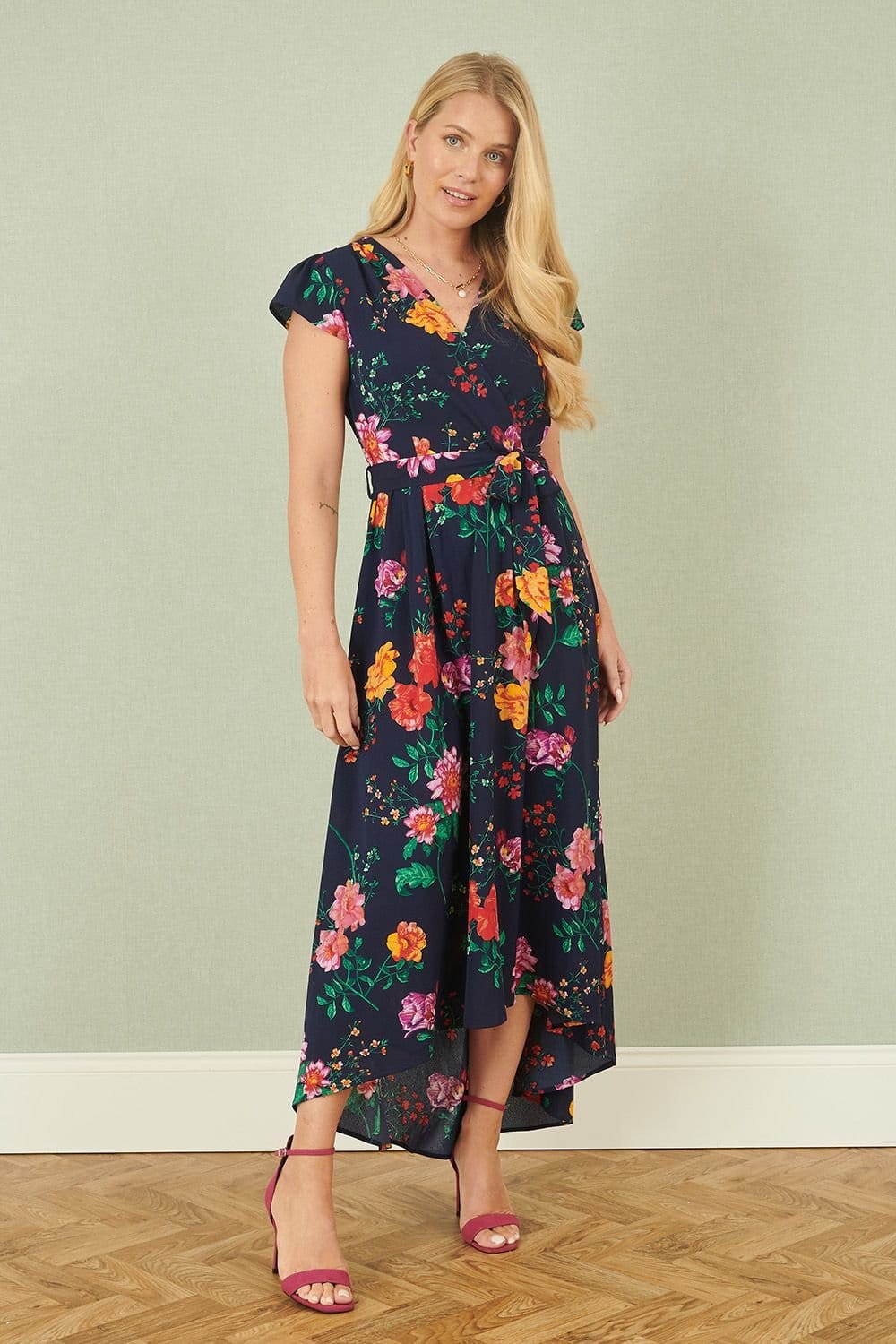 Yumi Yumi Women's Navy Flower Print Wrap Midi Dress - 4
