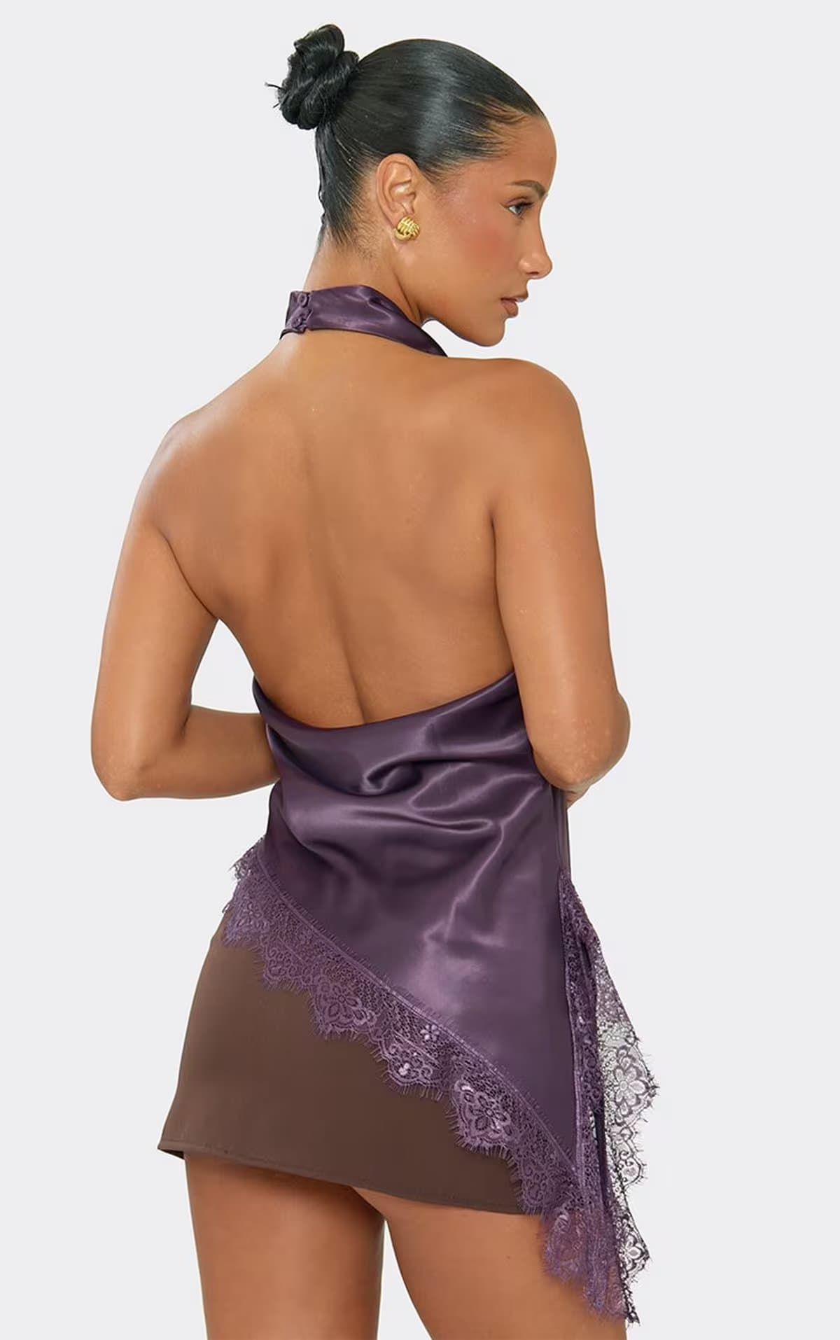 EGO EGO Purple Satin Cowl Neck Asymmetric Hem Lace Detail Top
