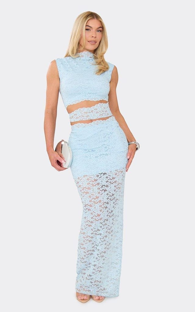 EGO Mid Rise Maxi Skirt In Baby Blue Lace, Women's Size UK 6 - 2