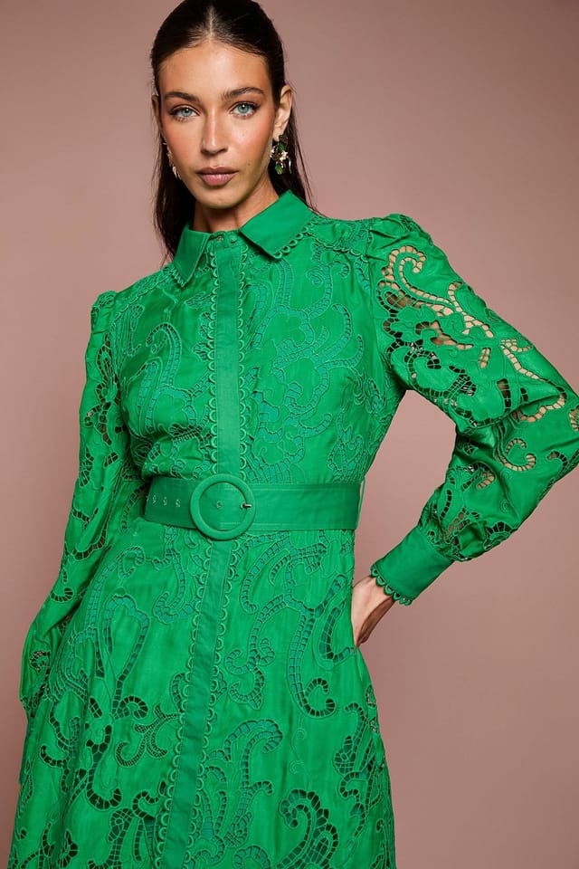 Coast Coast Women's Embroidered Cutout Belted Shirt Dress in Green - 2