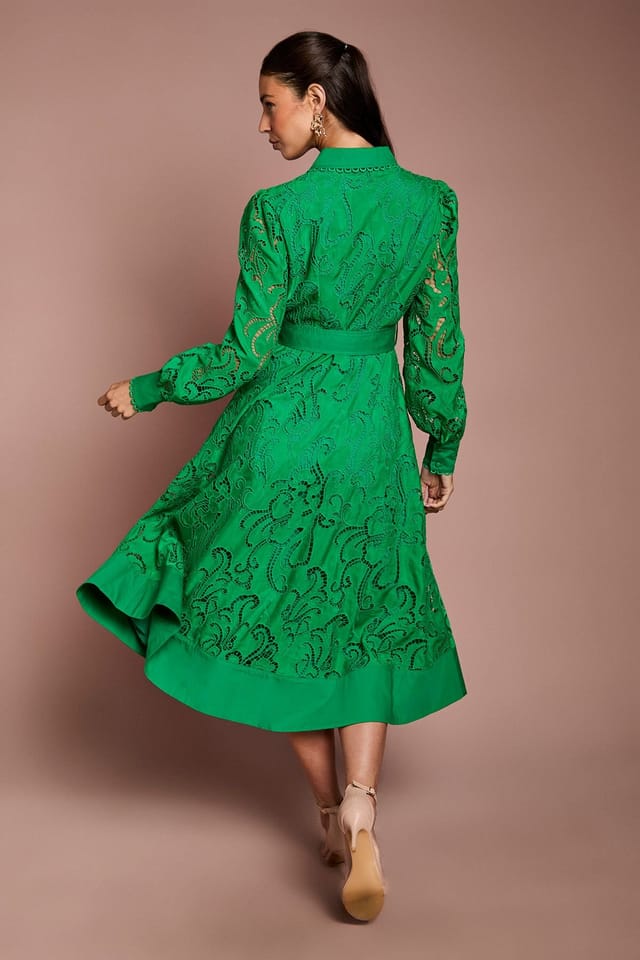 Coast Coast Women's Embroidered Cutout Belted Shirt Dress in Green - 3