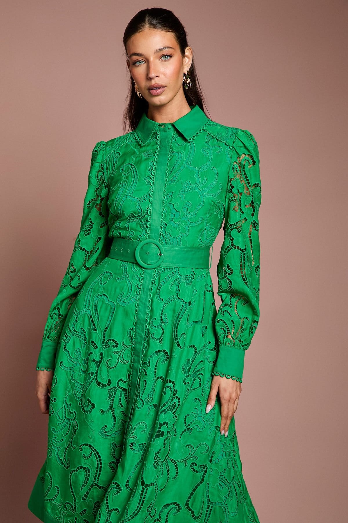 Coast Coast Women's Embroidered Cutout Belted Shirt Dress in Green - 4