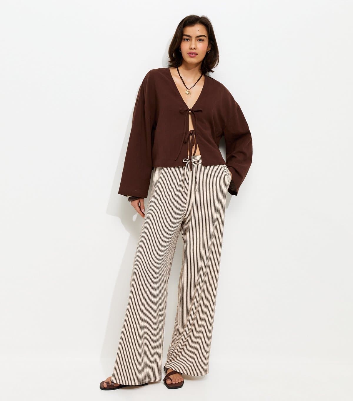 New Look Women's Brown Thin Stripe Crinkle Texture Wide Leg Trousers New Look