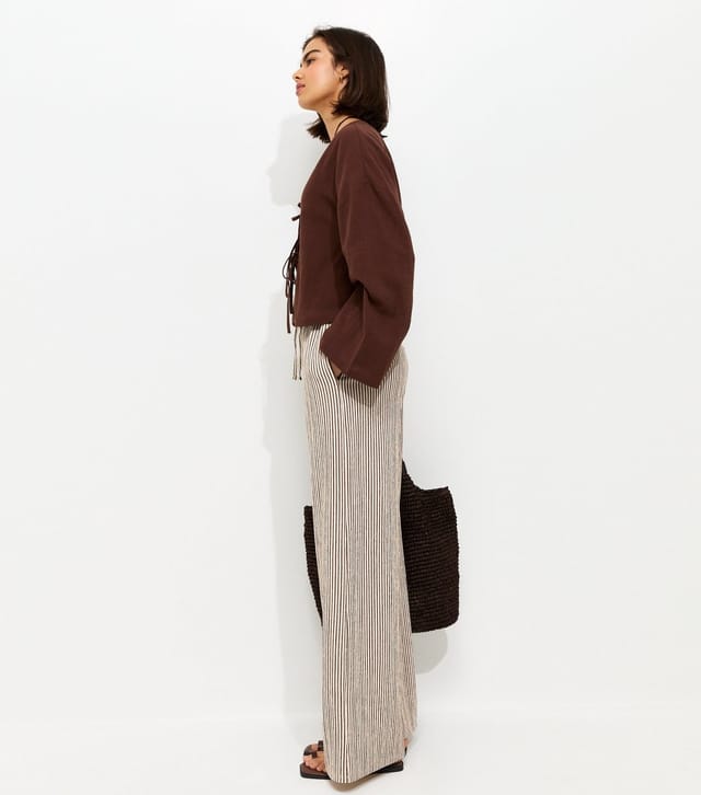 New Look Women's Brown Thin Stripe Crinkle Texture Wide Leg Trousers New Look - 3