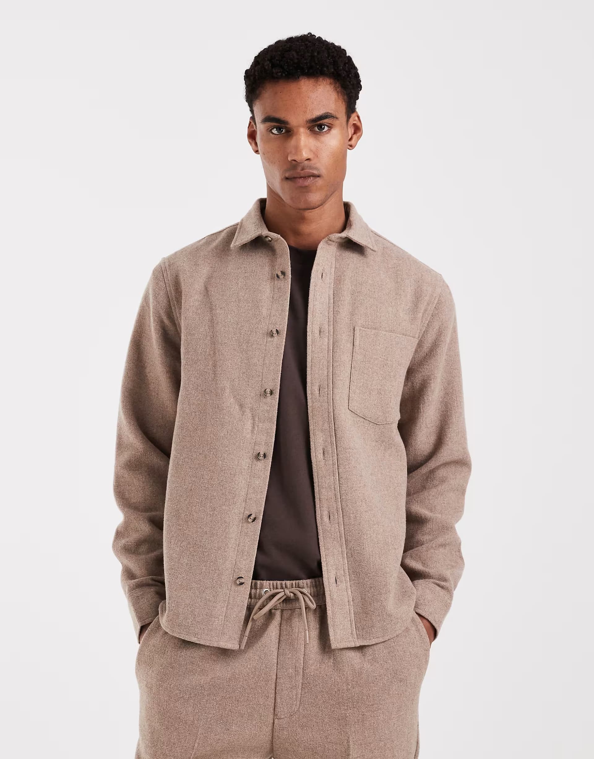 ASOS ASOS DESIGN co-ord textured overshirt with wool in beige