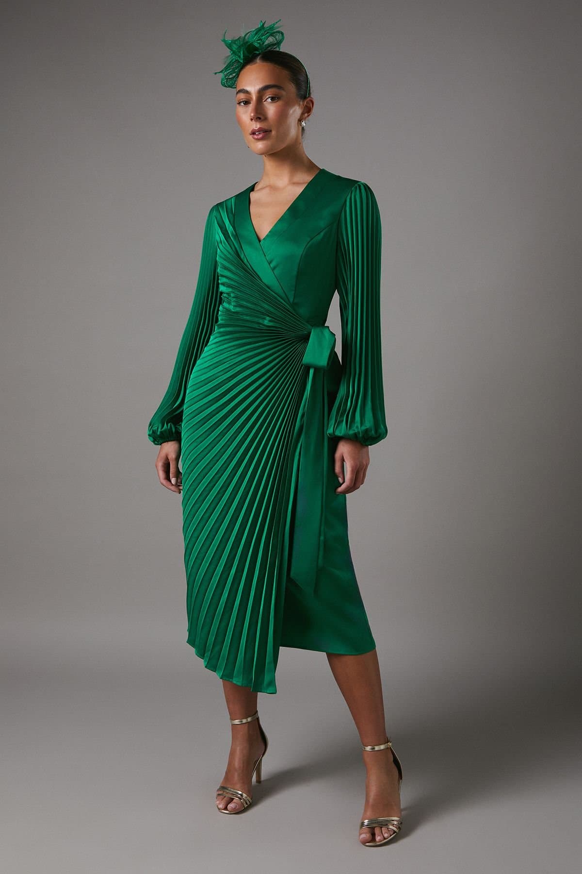 Coast Coast Women's Satin Pleated Midi Wrap Dress in Green