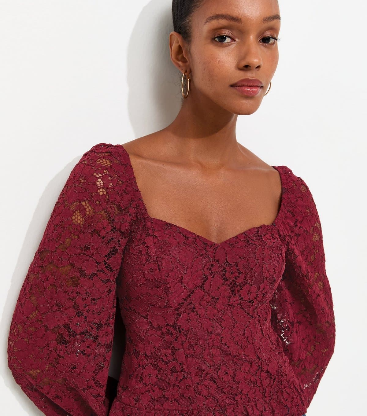 New Look Women's Dark Burgundy With Cotton Floral Lace Long Sleeve Blouse New Look