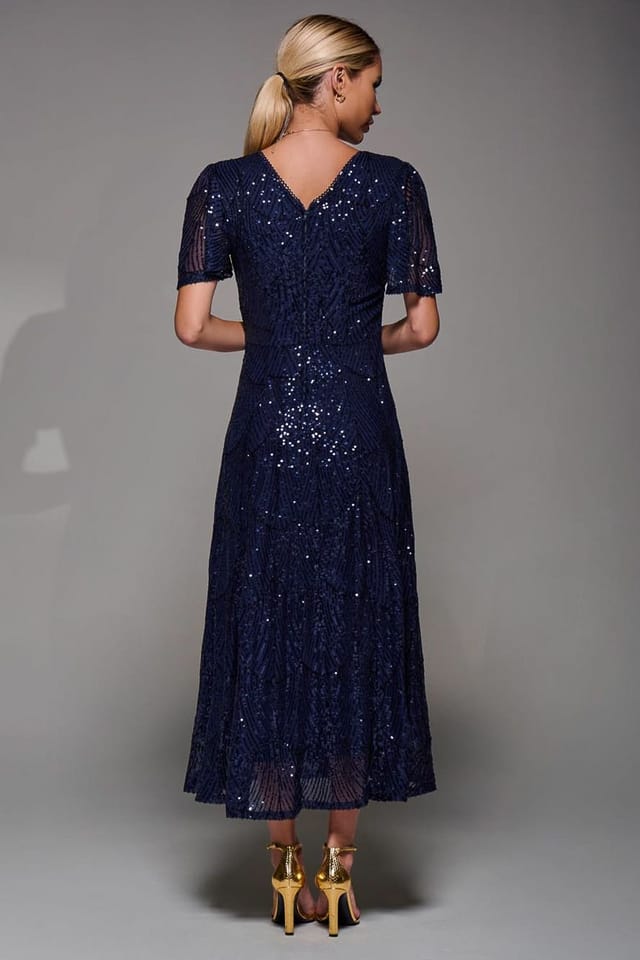 Jolie Moi Jolie Moi Women's Sequin Angel Sleeve Fit & Flare Midaxi Dress in Navy - 2