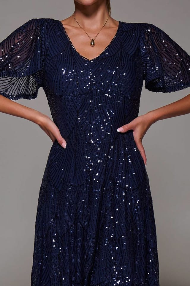 Jolie Moi Jolie Moi Women's Sequin Angel Sleeve Fit & Flare Midaxi Dress in Navy - 3