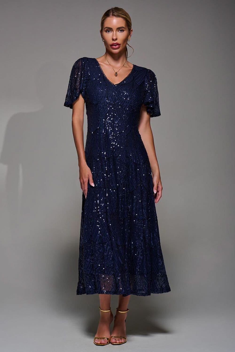 Jolie Moi Jolie Moi Women's Sequin Angel Sleeve Fit & Flare Midaxi Dress in Navy - 4