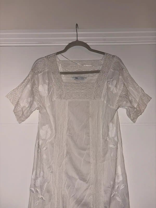 Zara Zara Ivory White Embroidered Lace Detail Midi Dress Size S Summer Casual Light