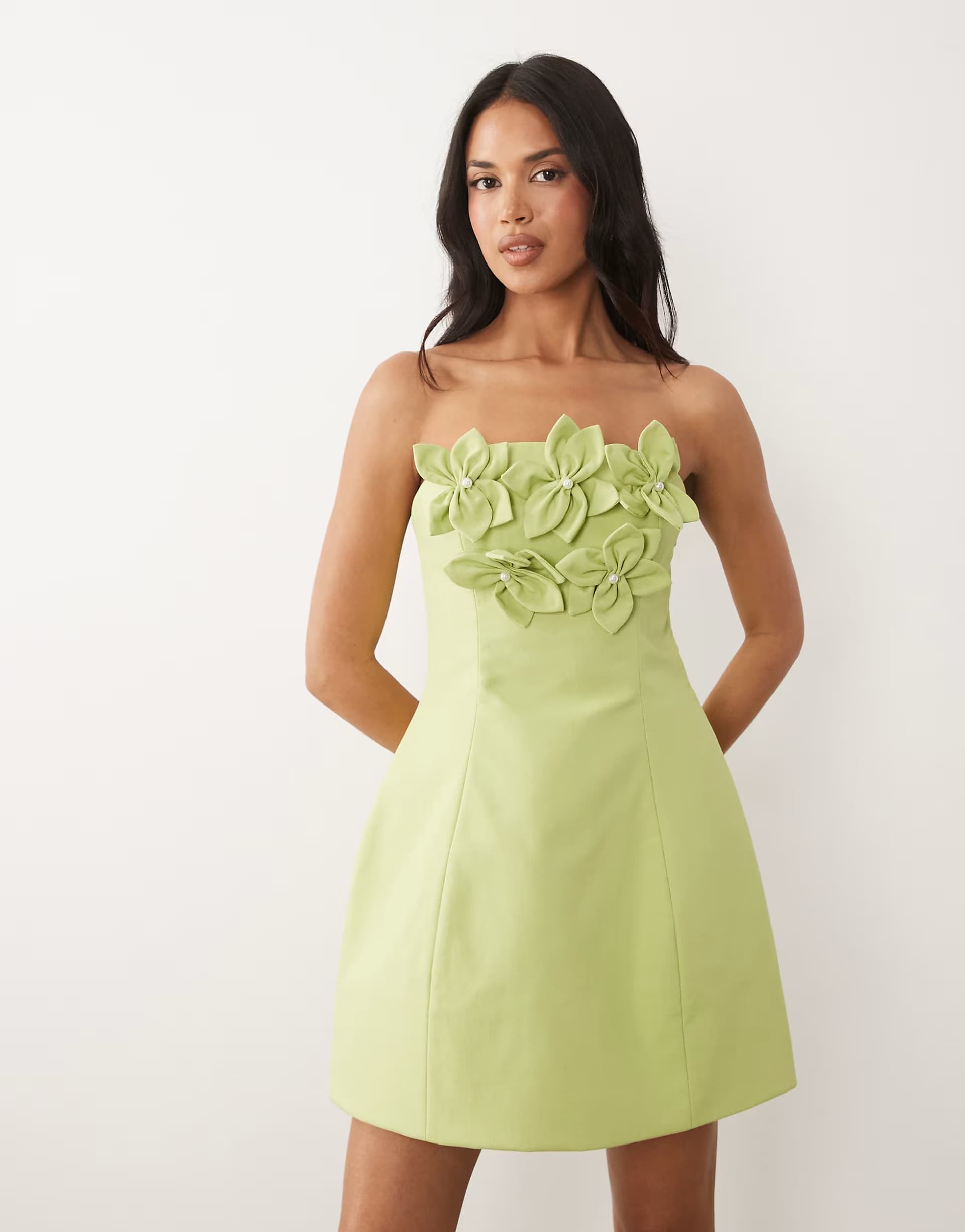 ASOS ASOS LUXE bandeau linen corsage detail mini dress in pistachio