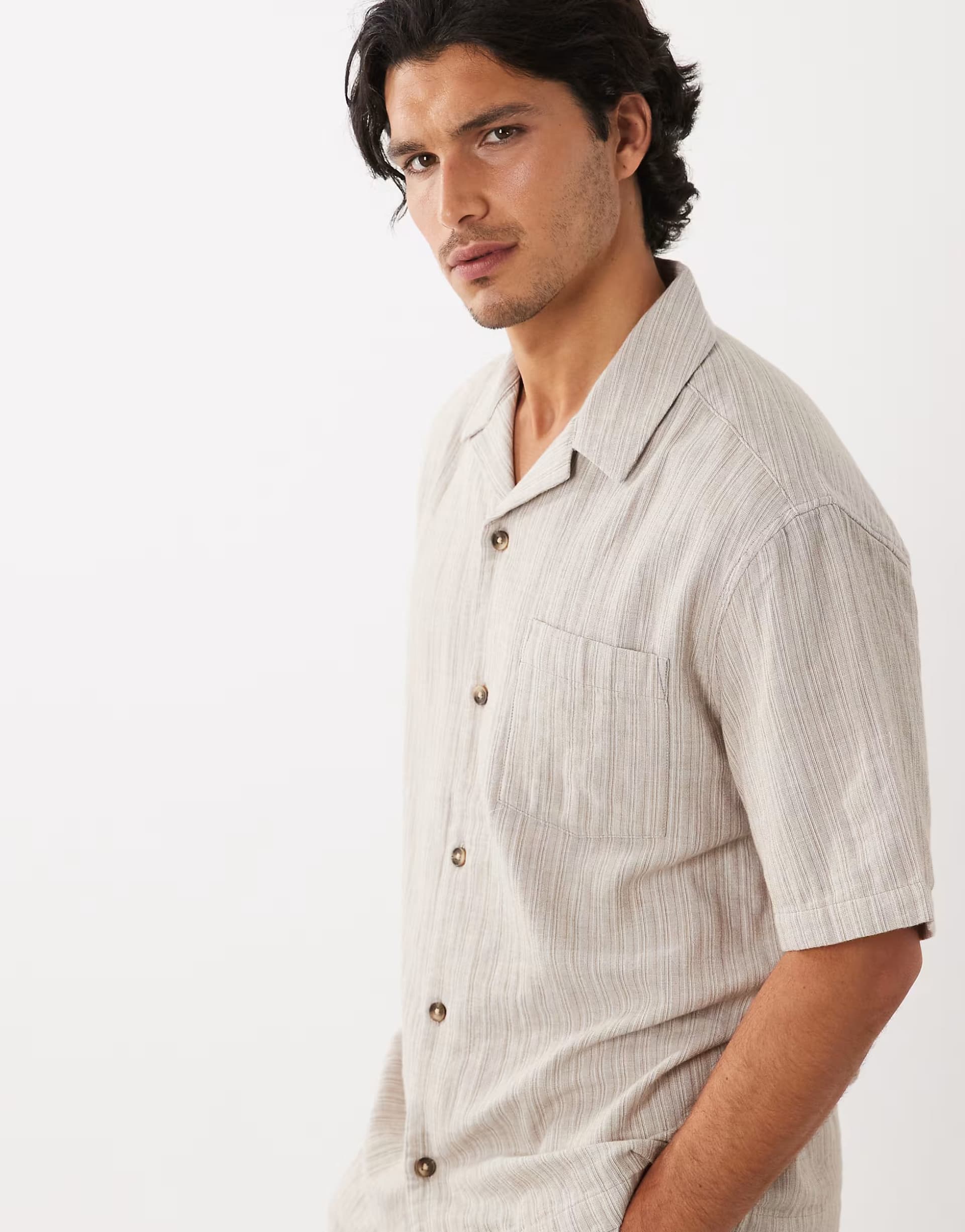 ASOS ASOS DESIGN revere stripe overshirt with patch pocket in beige