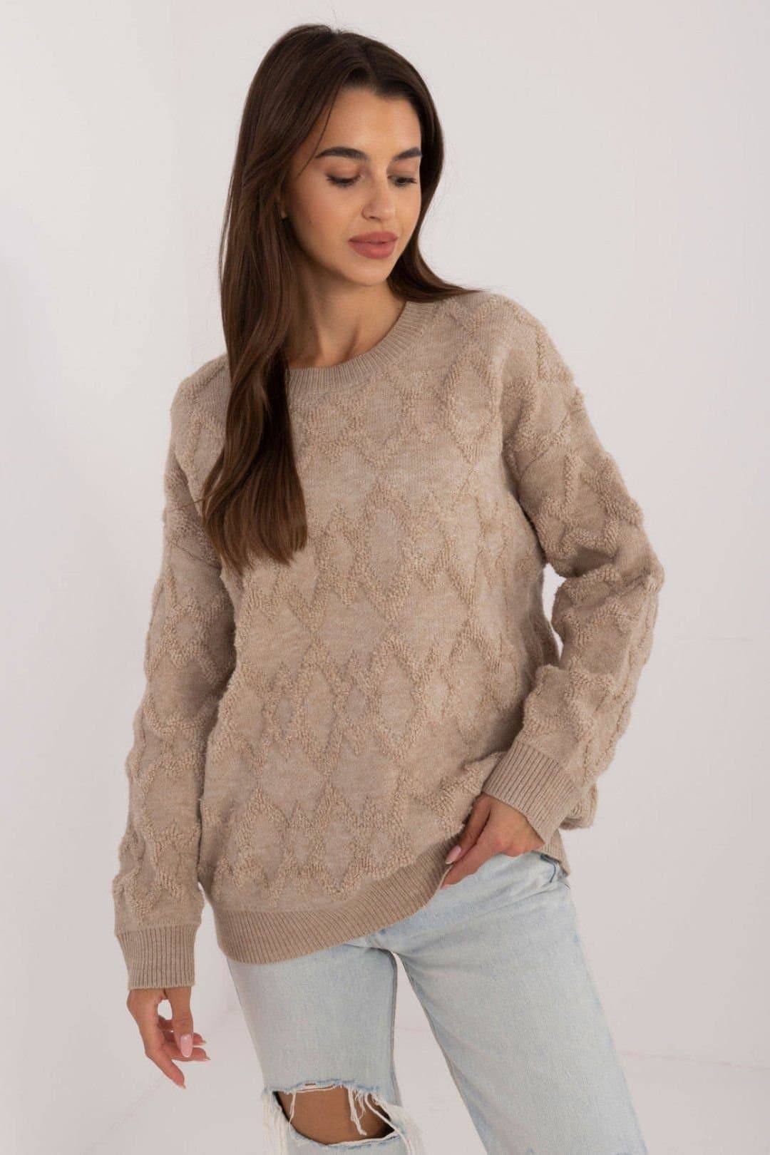 Love Lace Love Lace Women's Textured Knit Round Neck Casual Sweater Style 199641 in Beige