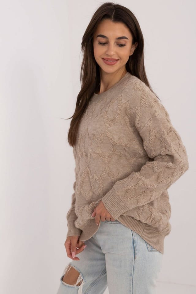 Love Lace Love Lace Women's Textured Knit Round Neck Casual Sweater Style 199641 in Beige - 2
